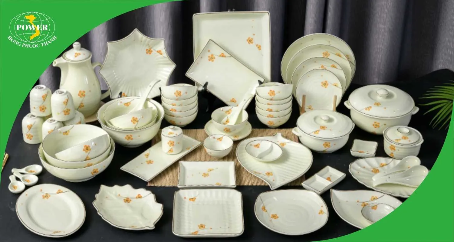 Bát đĩa Bát Tràng men kem họa tiết hoa mai vàng