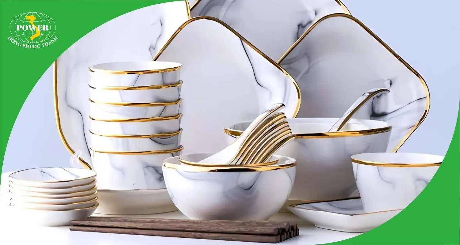 Bộ bát đĩa vân đá viền vàng